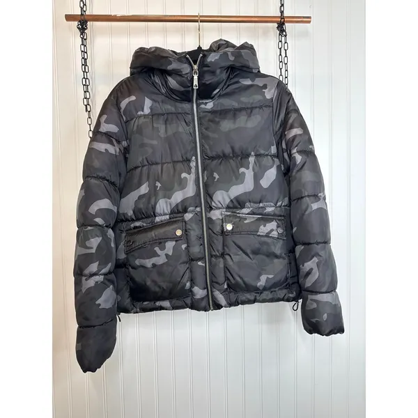 Sebby Hooded Crop Puffer Jacket Black Camo Full Zip Outdoor Gorp Womens Size M - Image 2