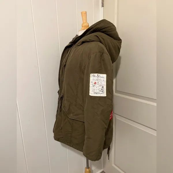 Moussy Utility Army Green Pink Fur‎ Military Patchwork Jacket Parka Size 2 - Image 5