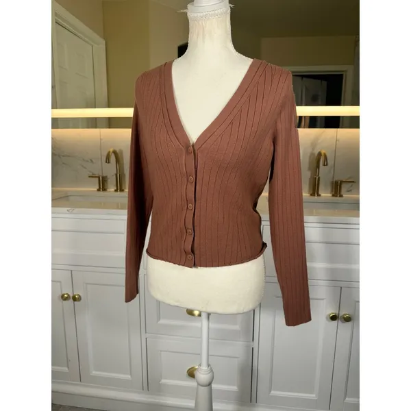 Abercrombie & Fitch Cardigan Womens Medium Brown Ribbed V Neck Button Front Knit - Image 6