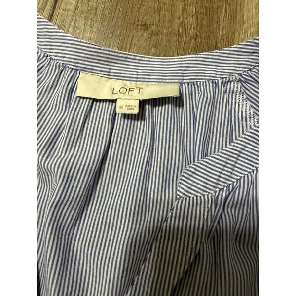 LOFT Womens Blue White Striped Ruffle Front‎ Button Down Cotton Blouse Size M - Image 6