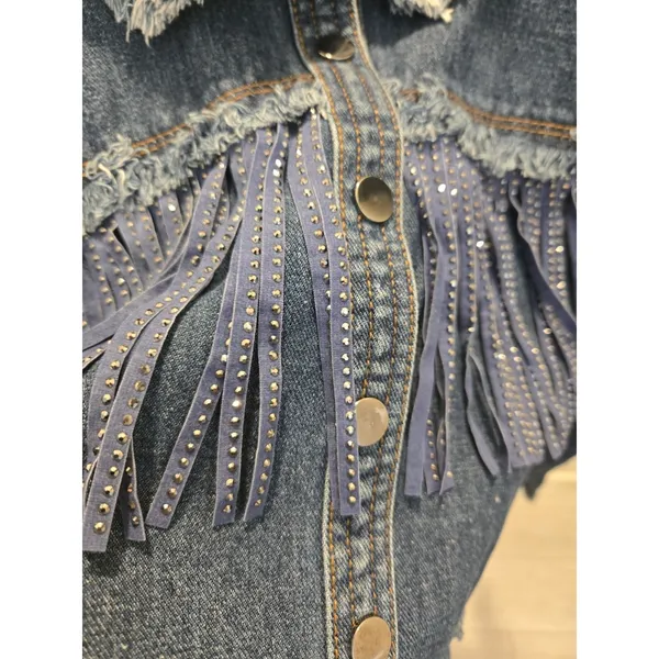 Garage The Style Between Us Denim Jacket M Blue Fringe Rhinestone Cropped Distressed - Image 2