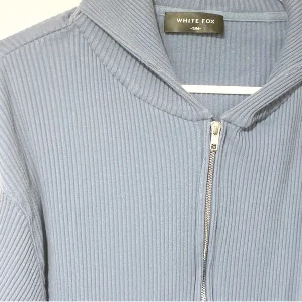 White Fox Boutique Size Small/Medium Blue Ribbed Thermal Full Zip Up Hoodie - Image 2