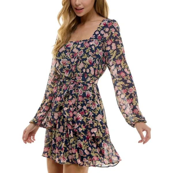 NWT City Studio Square-Neck Fit Flare Shear Lined Dress Navy Blue Multi S - Image 3