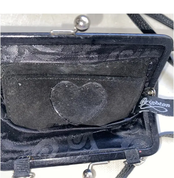 BRIGHTON Mini Purse Bag Rhinestone Heart Black Suede Leather Crossbody - Image 11