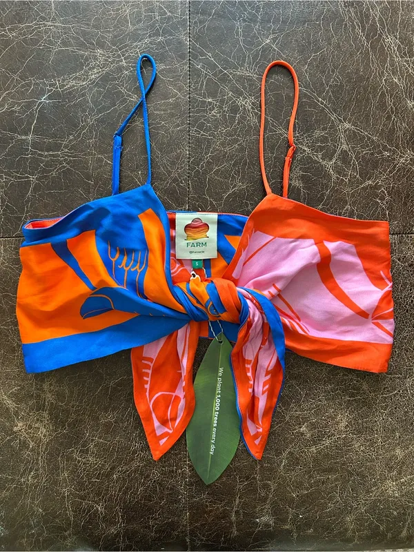 Farm Rio Mixed Rainbow Toucans Crop Top Blue Orange Pink Tie-Front Bra Top - Image 2