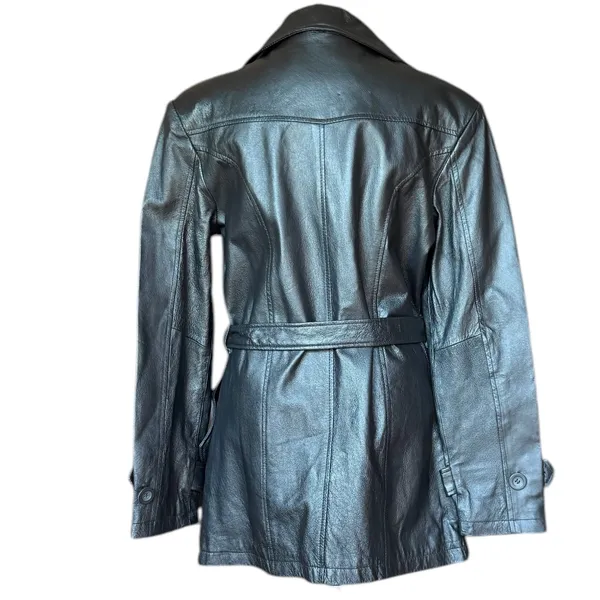 Oscar Piel 100% Leather Belted Button Front Black Coat‎ Jacket Sz M - Image 5