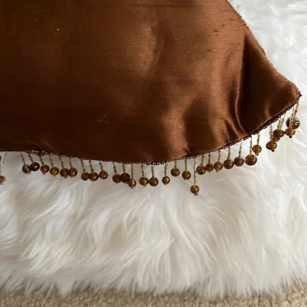 Vintage brown beaded fish scale triangle shape double handle satin handbag purse - Image 7