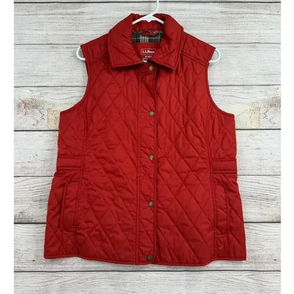 LL Bean Diamond Quilted Full Zip‎ Vest MED Rust Brown Plaid Lined Cord Collar - Image 2