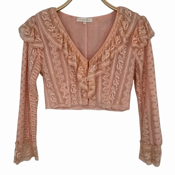 LoveShackFancy Macey Crop Top XS Rosewater Pink Lace Ruffle Long Sleeve Blouse‎ - Image 4
