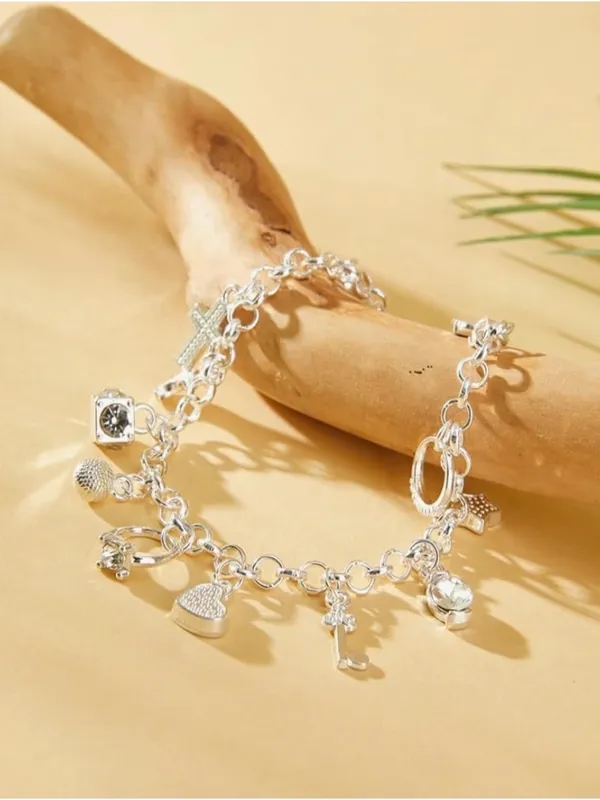 Sterling Silver Stamped 925 Charm Bracelet - Silver Heart & Cross Charms - Image 3