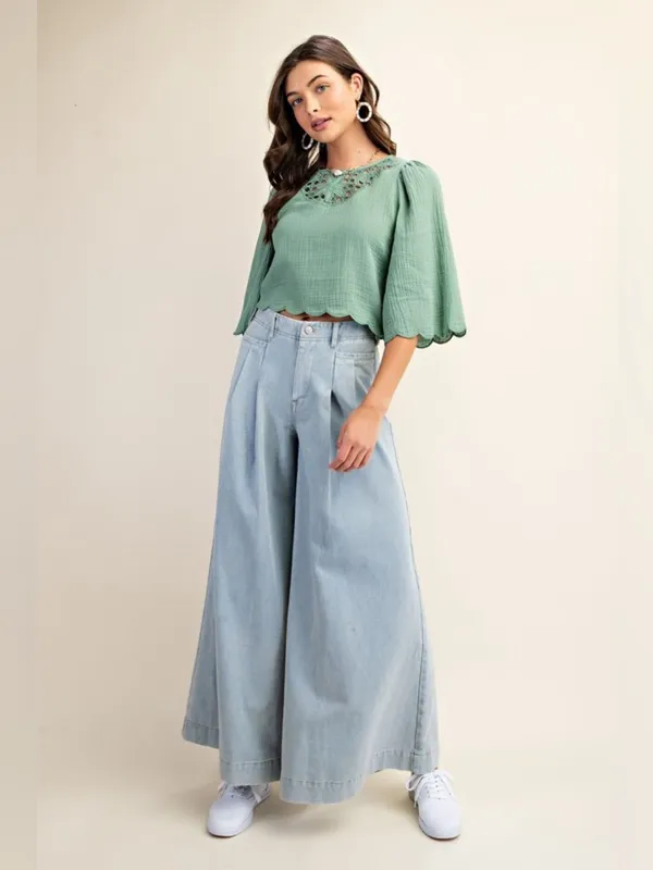 Crochet Yoke Puff Sleeve Blouse in Sage Size Medium - Image 5