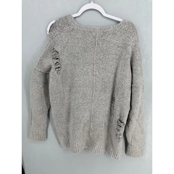 PPLA Womens Sweater Gray Distressed Shredded V-Neck Knit Medium - Image 3