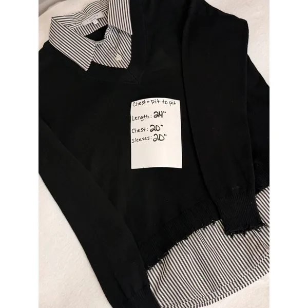 J. Society Layered Sweater Shirt S Black V-Neck Striped Collar Distressed Hem - Image 6