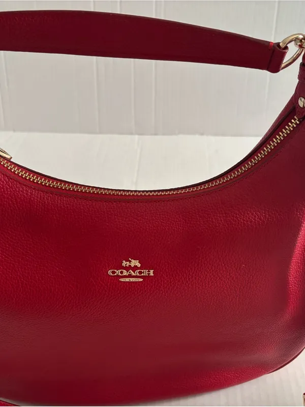 Big Red Coach In Pebble Leather Hobo with Gold Hardware - Image 9