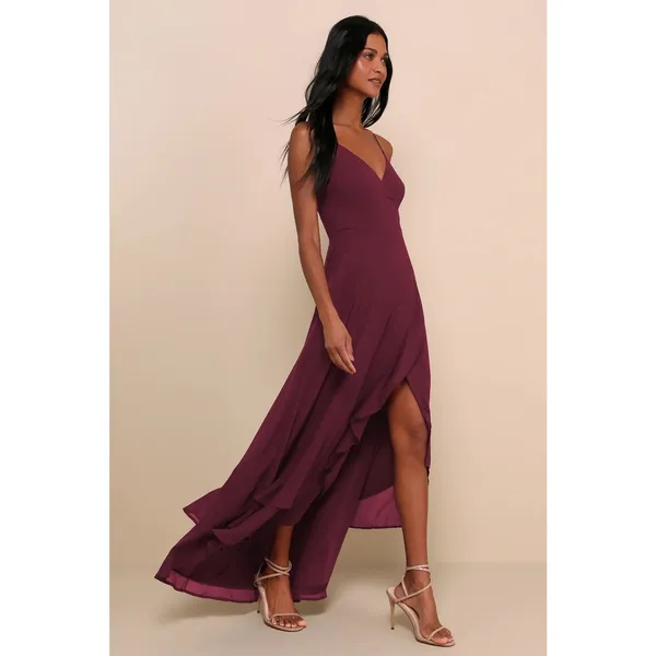 Lulus In Love Forever Plum Lace-Up High-Low Maxi Dress Wedding Holiday Medium - Image 2