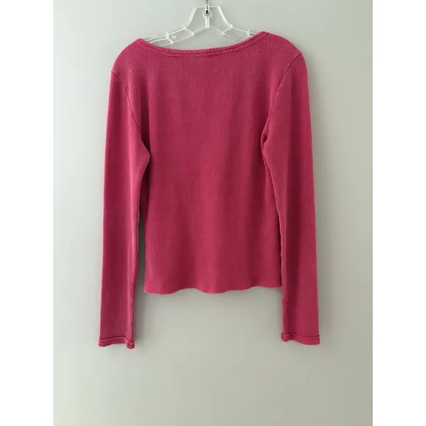 Pilcro Anthropologie Thermal Shirt Size L Pink Waffle Knit V-Neck - Image 11