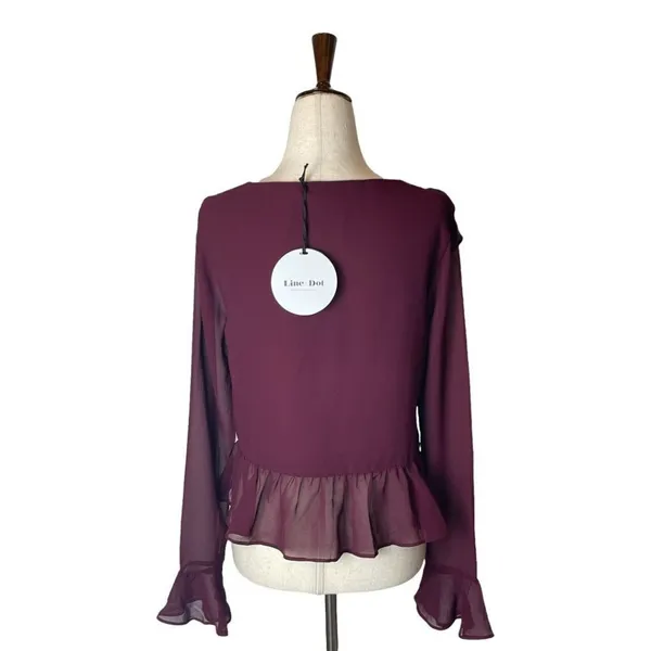 Line & Dot Revolve Burgundy‎ Violet Ruffled Long Bell Sleeve Blouse Size XS - Image 4