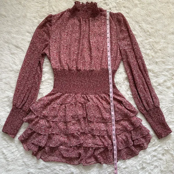 Bardot Dress Georgette Soft Floral Tiered Shirred Mini Long Sleeve Pink M - Image 13