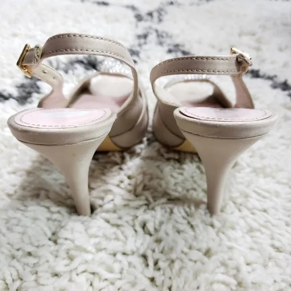 Miss America Champagne Satin Rhinestone Knot Slingback Peep Toe Heels Size 7M - Image 6