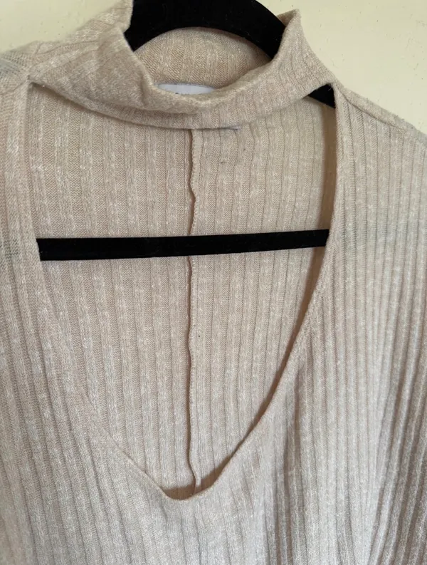 Urban Outfitters Ribbed Choker Cutout Sweater S Beige - Image 2