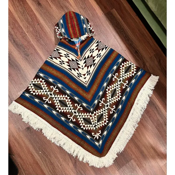 Southwestern Geometric Hooded Blanket Poncho Fringe Cape Boho Western S/M - Image 2