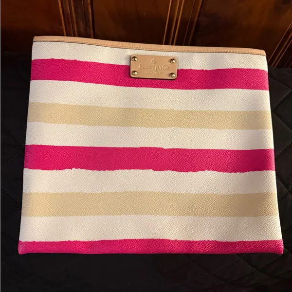 Kate Spade Adrienne Bondi Road Pink and Cream Striped Clutch Very Clean - Image 3