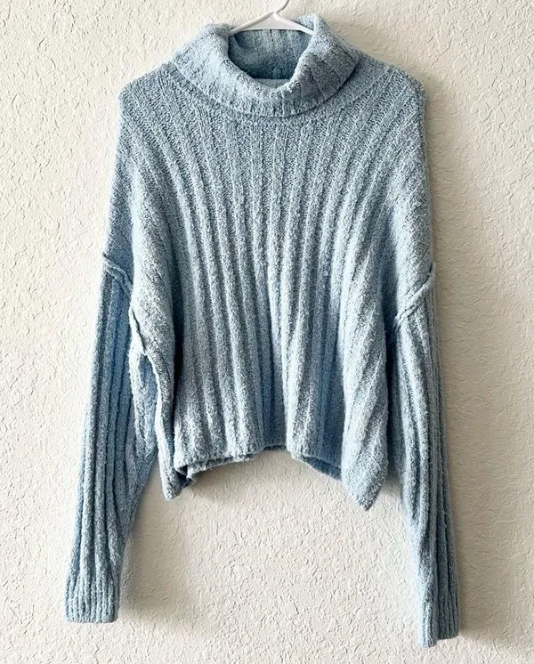 American Eagle Oversized Slouchy Ribbed Knit Soft Cowl Neck Light Blue Sweater - Image 3