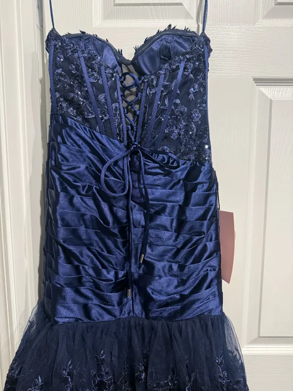 Navy Blue Strapless Sweetheart Mermaid Pleated Layered Long Prom Dress With Slit - Image 6
