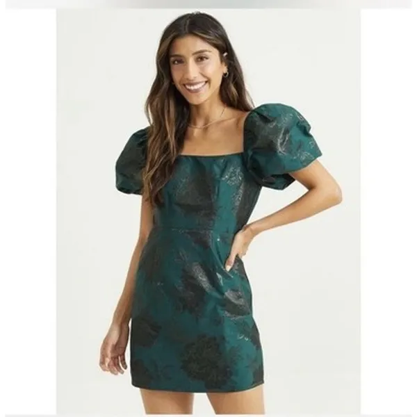 Altar'd State Skylar Emerald Green Floral Jacquard Puff Sleeve Mini Dress NWT M - Image 16
