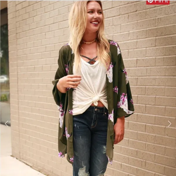 PEACH Love green Texas longhorn floral print kimono size small - Image 2
