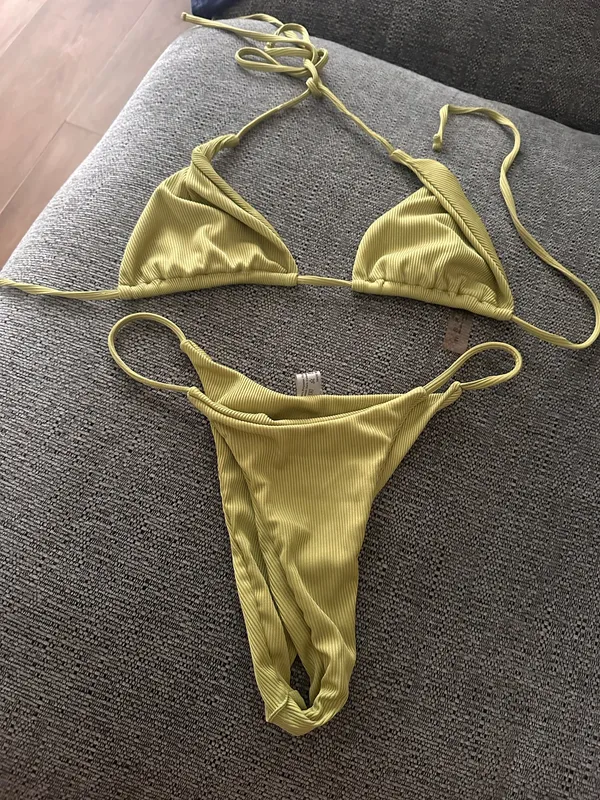 Olive Green Ribbed Triangle Bikini Set Size M Size M - Image 12