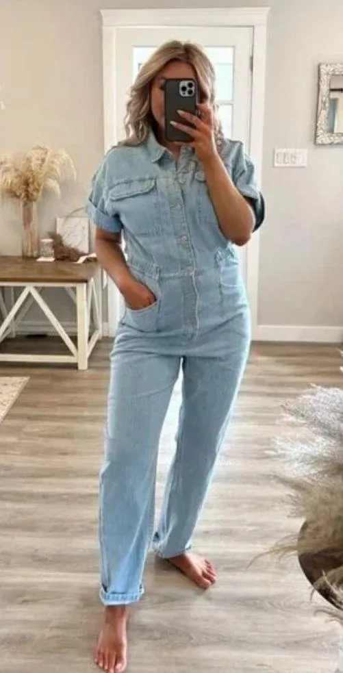 FREE PEOPLE Marci Denim Jumpsuit in Wash Clear Skies Size X-Small - Image 2