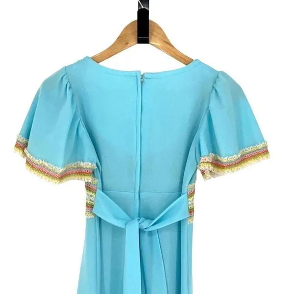 Allegro NY Vintage 70's Dress Light Sky Blue Empire Waist Maxi Crochet Detail Si - Image 6