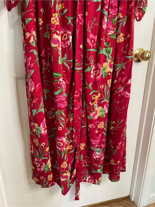 April Cornell Red Floral V Neck Milkweed Dress with Green Accents Size Medium - Image 3