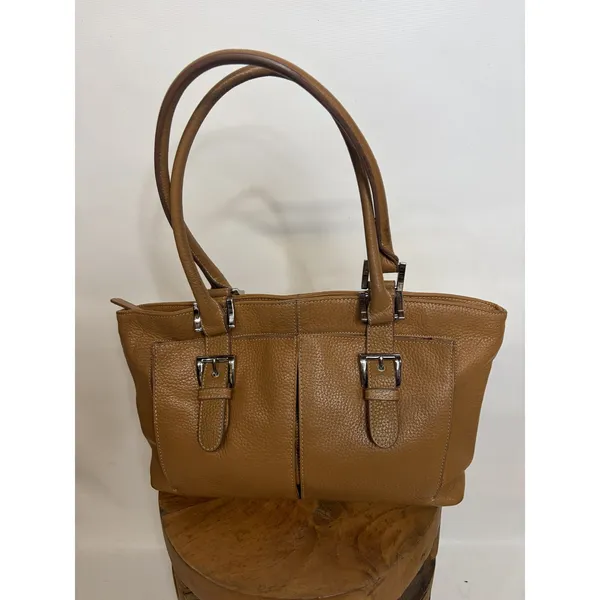 Tignanello Tan Pebbled Leather Shoulder Bag Buckle Detail Tote Cognac - Image 2