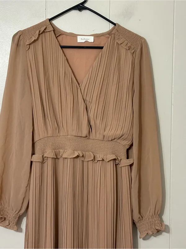 Böhme Pleated Midi Dress Long Sleeve Taupe Smocked Waist Boho Modest Size S - Image 2
