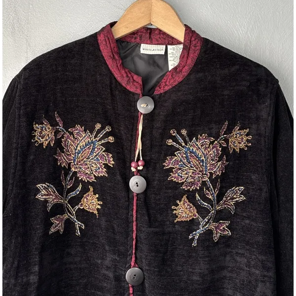 Victorian Chenille Jacket Size Medium 8 10 Black Whimsigoth Regency Asian Floral - Image 3