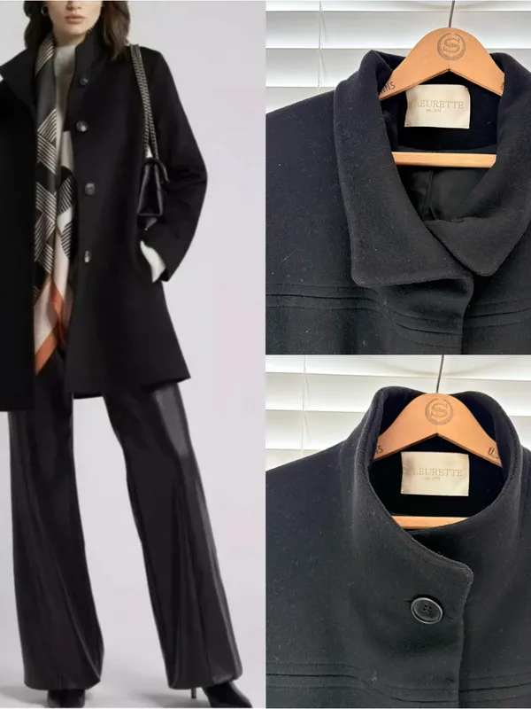 Fleurette Loro Piana 100% Wool Womens Mid Length Pea Coat Black Size 14 USA Made - Image 2