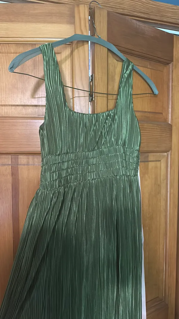 Ameena Olive Green Plisse Square Neck Sash Maxi Dress - Image 6