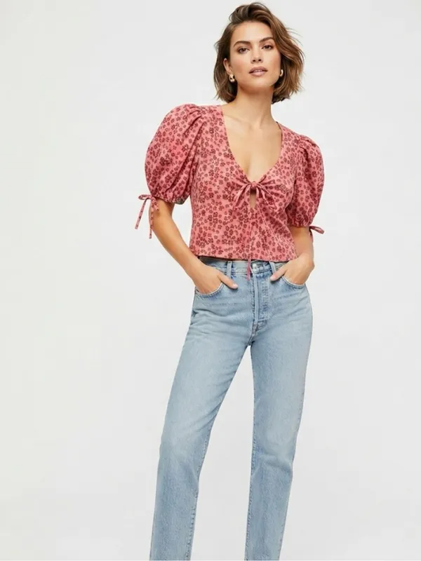 Free People Sweet Sun Top Puff Sleeve Tie-Front Cropped Top size Small - Image 10