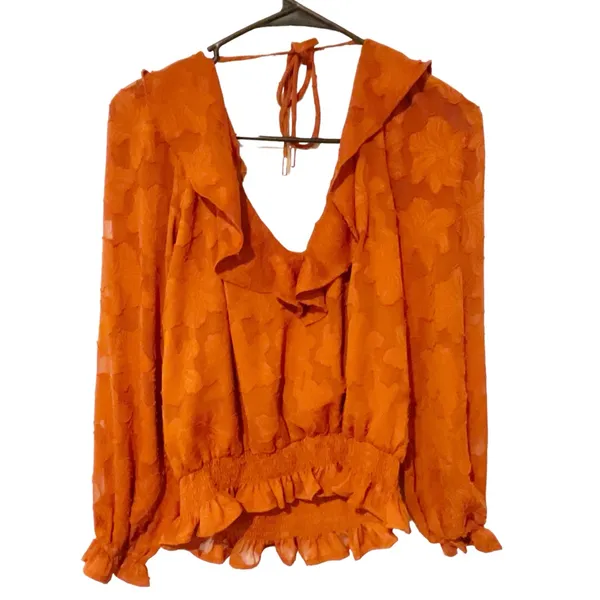 Anthropologie Size Small‎ Rust Burnt Orange Ruffle Textured Floral Blouse - Image 2