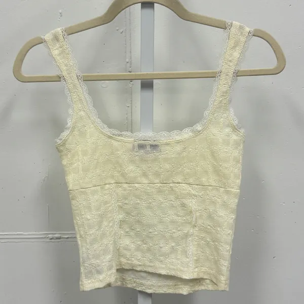 Y2K Edikted Cream Yellow Lace Trim Textured Crop Cami Top XS Coquette Balletcore - Image 2