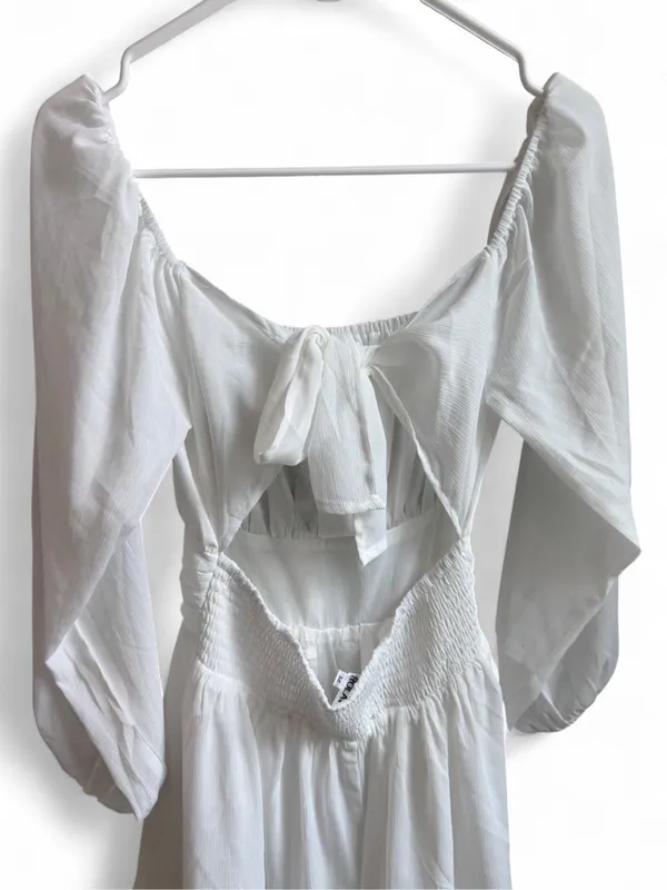 FOROLAV White Chiffon Puff Sleeve Tie-Back Mini Dress - Image 5
