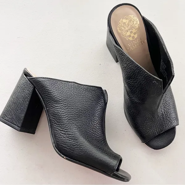 Vince Camuto Black Leather Mule Sandals Block Heel Open Toe Size 6.5 - Image 2