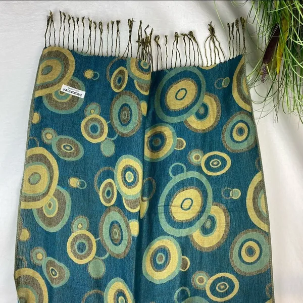 Pashmina Blue & Tan Circle Print Rectangular Reversible Tassel thin knit Scarve - Image 2