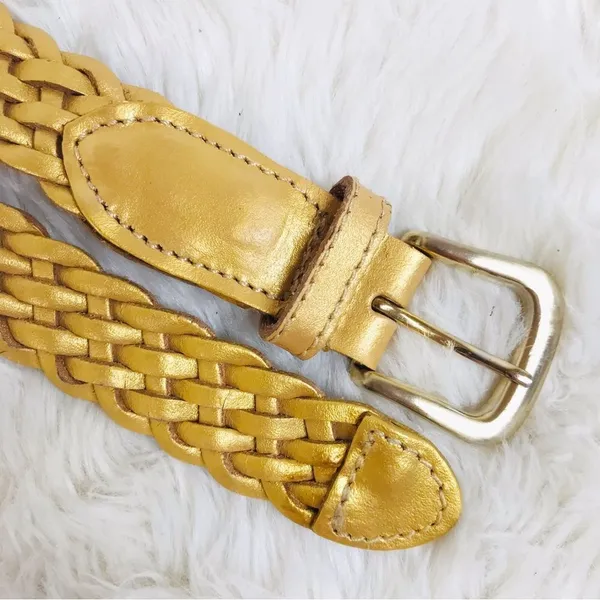 VINTAGE 90s Gold Metallic Woven Leather Belt Braided‎ Y2K Retro Medium Large - Image 7