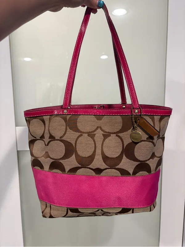 Vintage Coach Reversible Stripe Tote Bag Khaki Pink Canvas with Leather Trim - Image 12