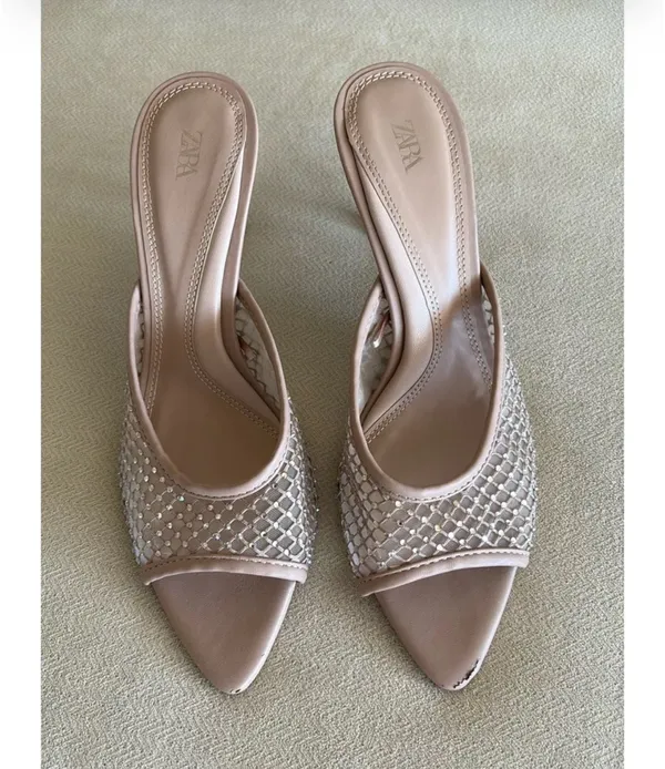 ZARA Rhinestone Kitten Heels Beige 38 - Image 6