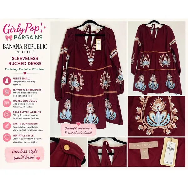 Letube Anthropologie Burgundy Embroidered Boho Mini Dress Long Sleeve Large NEW - Image 2