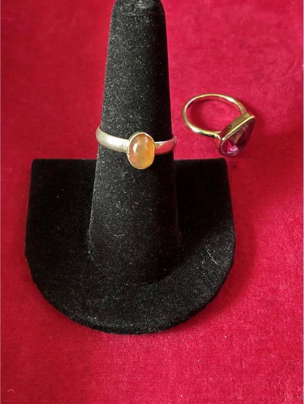 2 Pc Vintage Mixed Metal Ring Set Silver Amber Cabochon Gold Purple Pear 6.25 &7 - Image 3